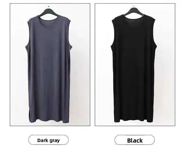 Dark gray and black sleeveless sleepwear vest dresses shown on hangers