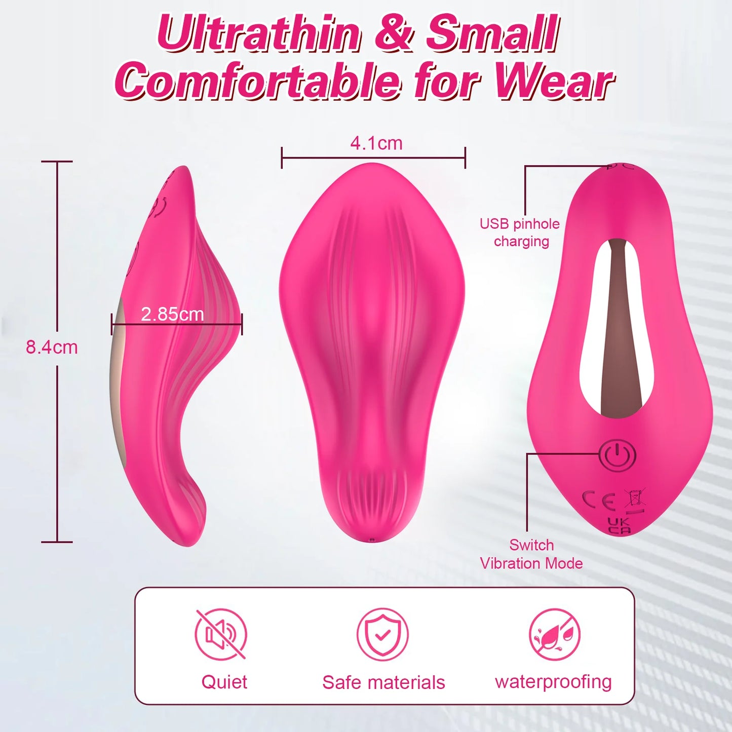 Compact hot pink wearable butterfly vibrator with side details and USB charging switch