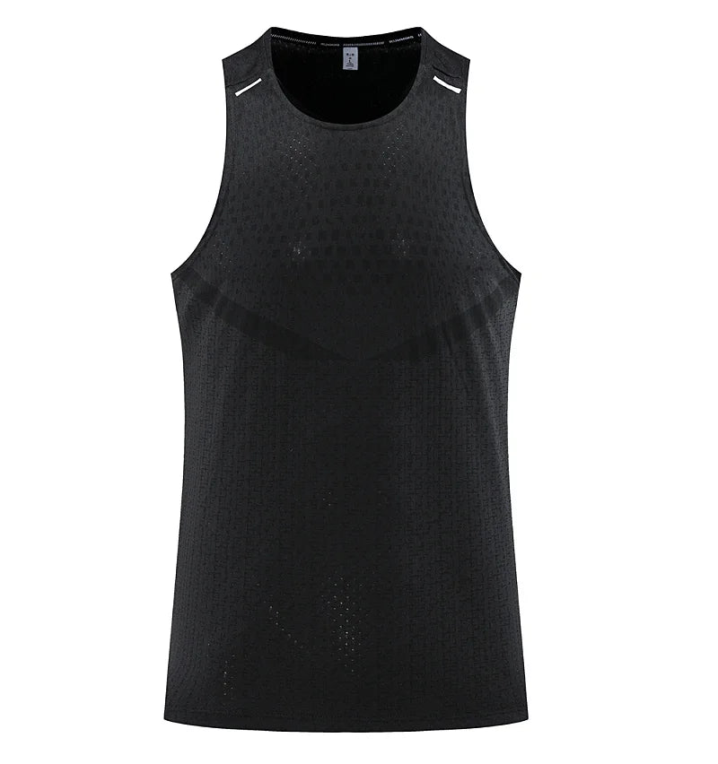 Black breathable mesh gym vest tank with round neck and small reflective side stripes