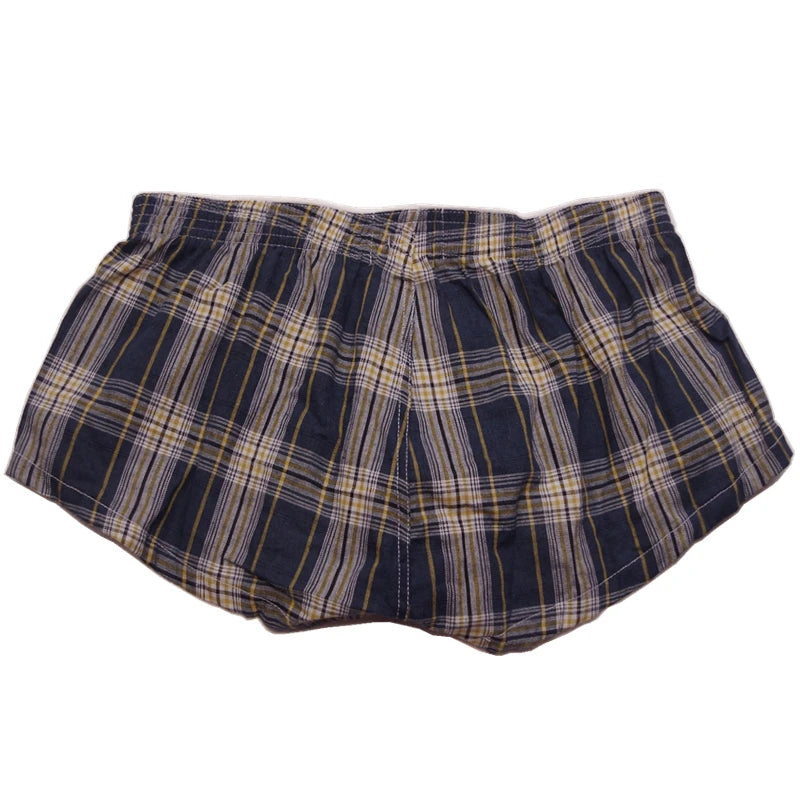 Plaid cotton boxer brief, dark navy plaid with yellow and light stripes, elastic waistband