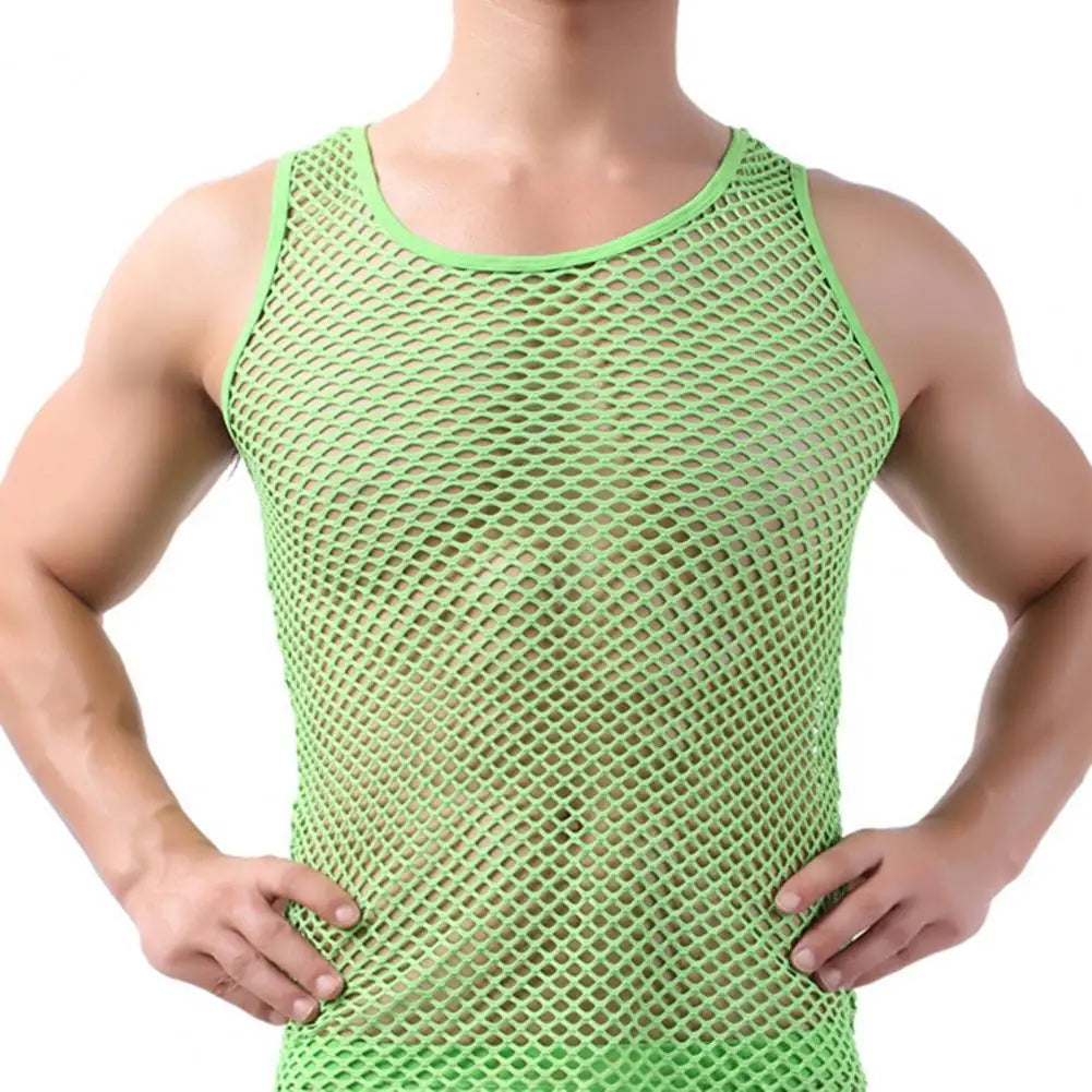 Men's sheer mesh vest, bright green fishnet, round crew neck