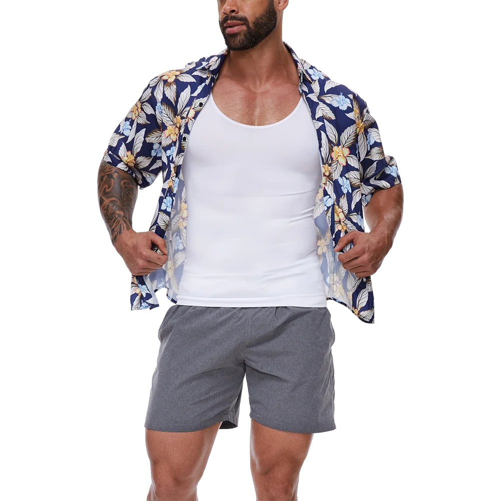White tummy control shaping vest, scoop neck under open floral shirt