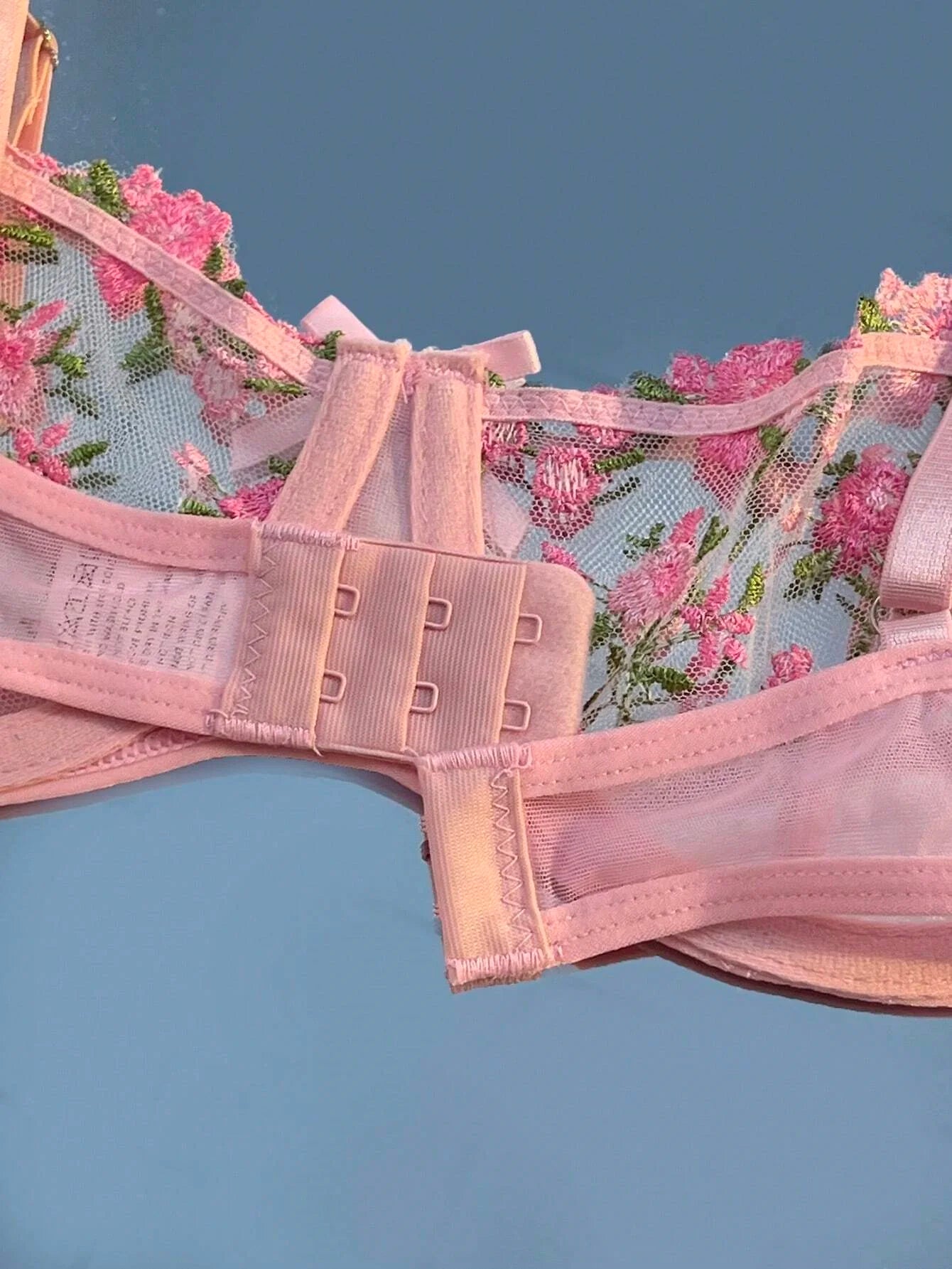 Pink sheer lace bra close-up of back band with 3 hook-and-eye rows