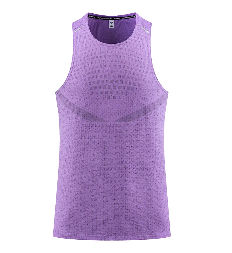 Men's breathable mesh gym vest tank, purple, front view with scoop neckline