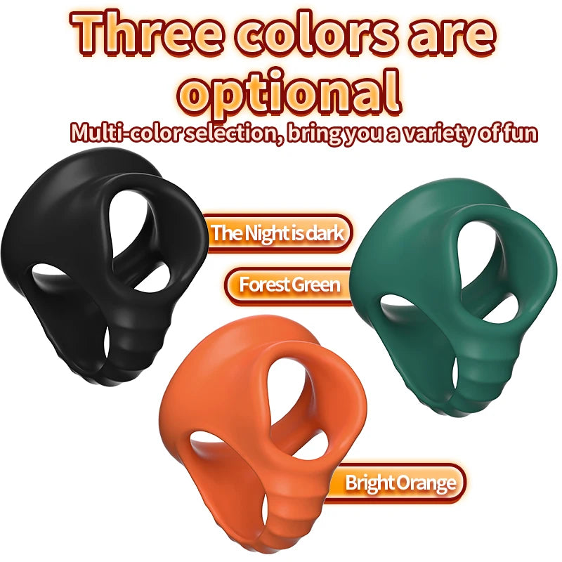 Silicone delay cock ring in three colors: black, forest green, bright orange four-hole