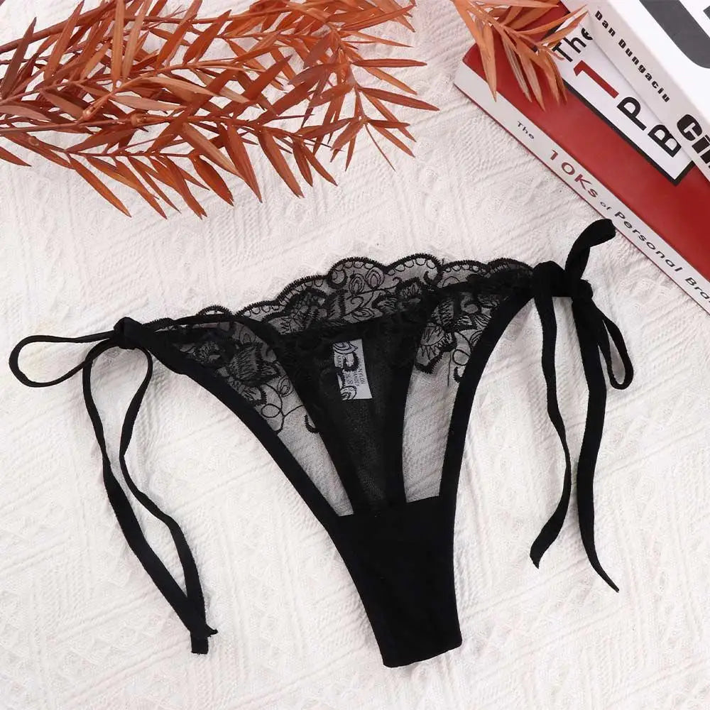 Black embroidered lace panty brief with long bow ties