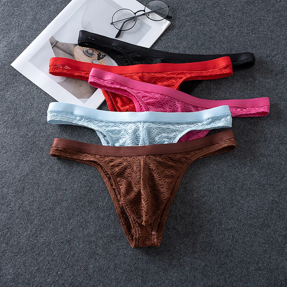 Assorted sheer jacquard thong briefs: black, red, light blue, and brown lace thongs
