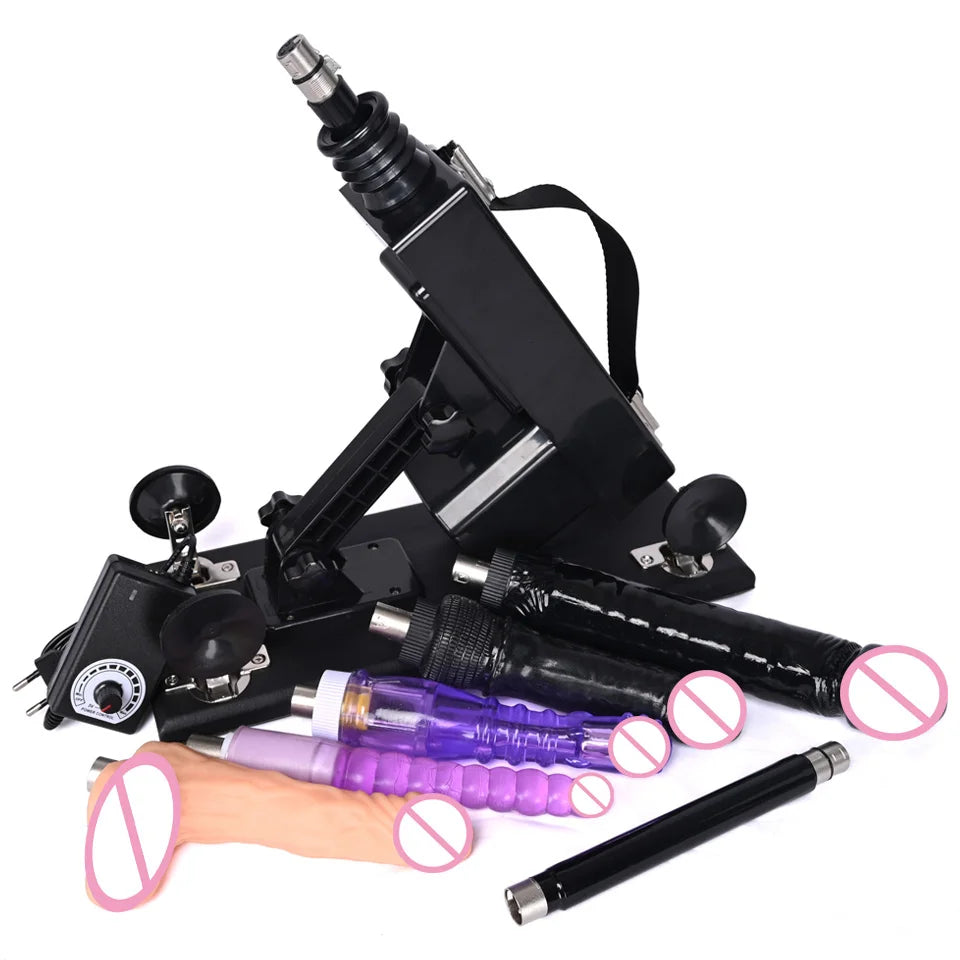 Automatic thrusting sex machine with purple and blue accessory rods and black mounting frame