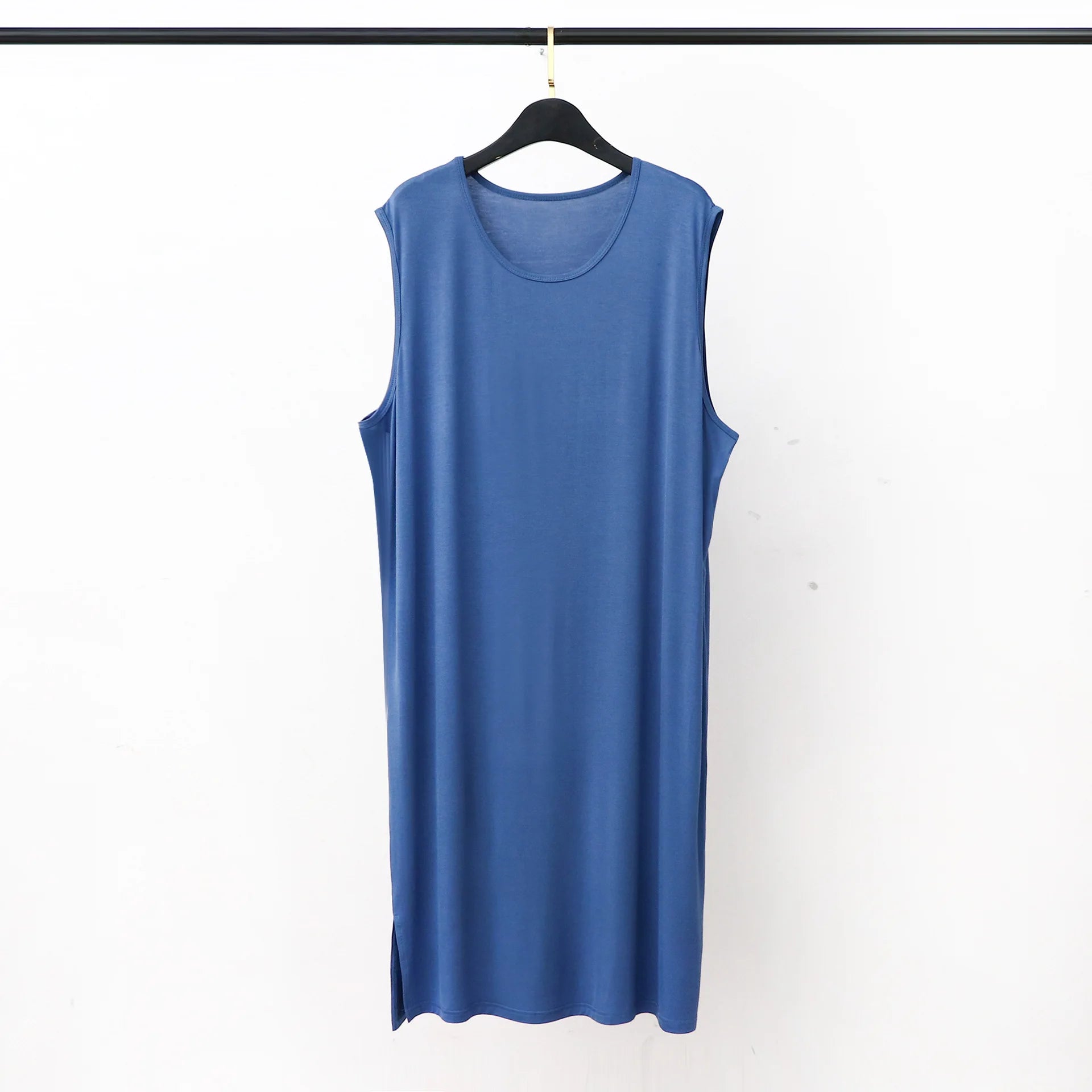 Men's sleeveless sleepwear vest dress in blue, crew neck, long length