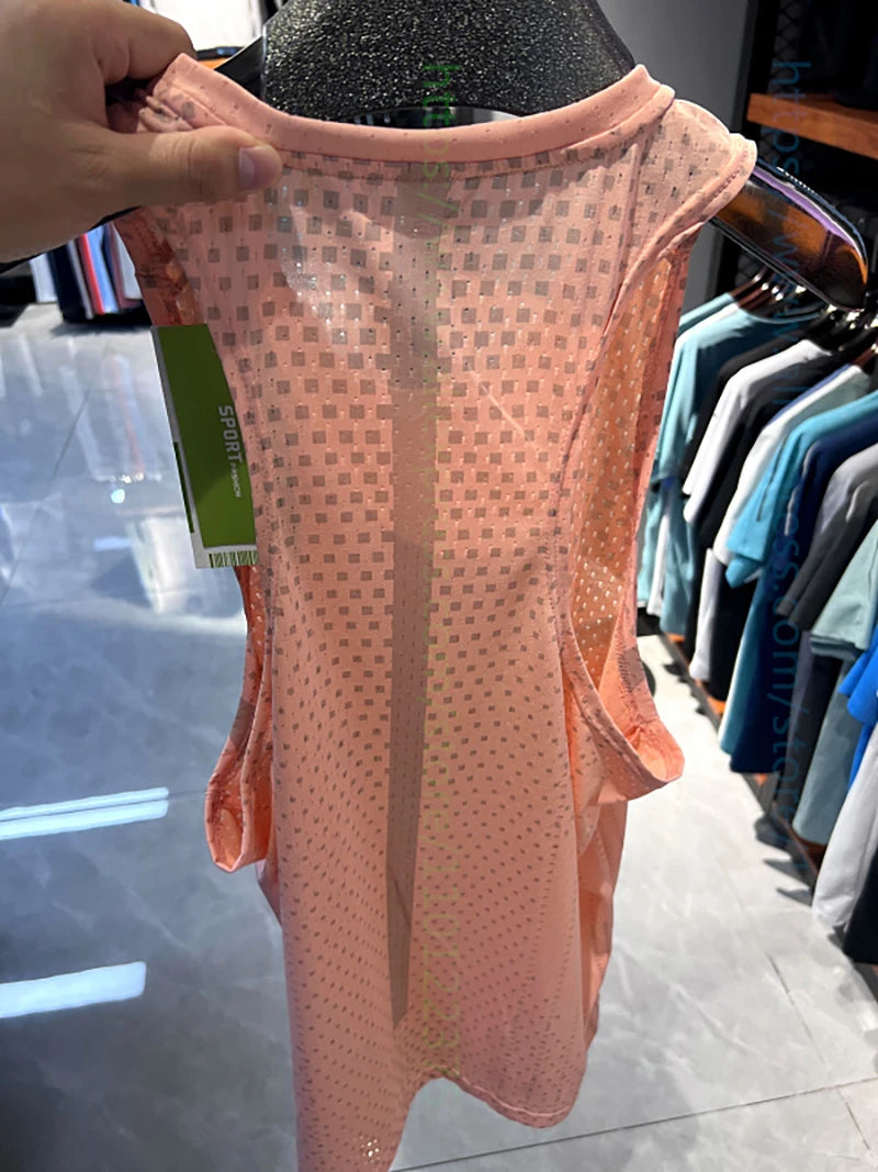 Light orange mesh gym vest tank, sleeveless scoop neck with textured pattern