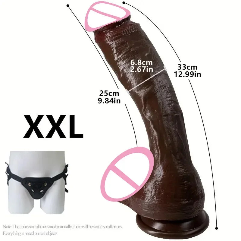 Oversized realistic dildo, XXL, dark brown/black tone, long tapered curved body.