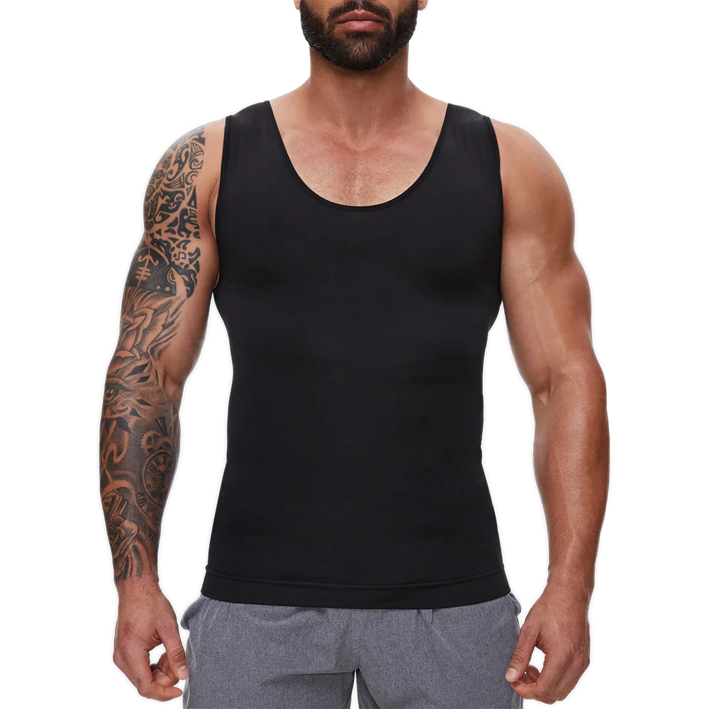 Black tummy control shaping vest, sleeveless scoop neck front view