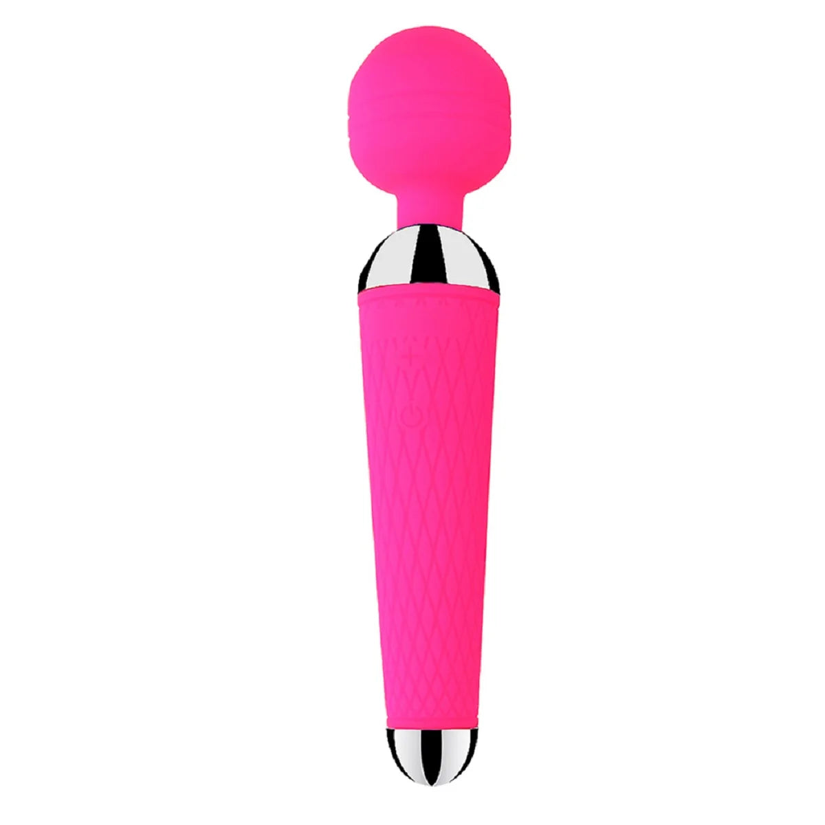 Rechargeable magic wand vibrator in hot pink with textured handle and round head