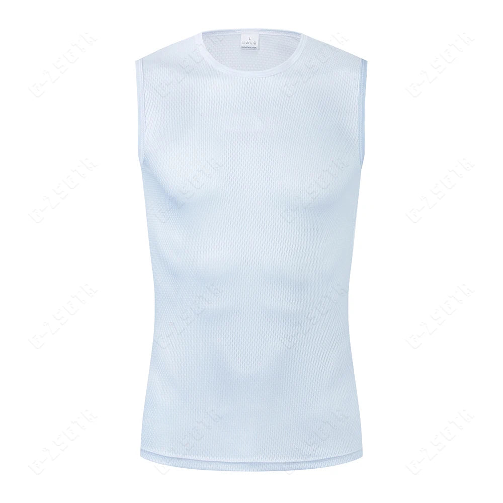 White textured mesh cycling vest with crew neck and reflective markings on front