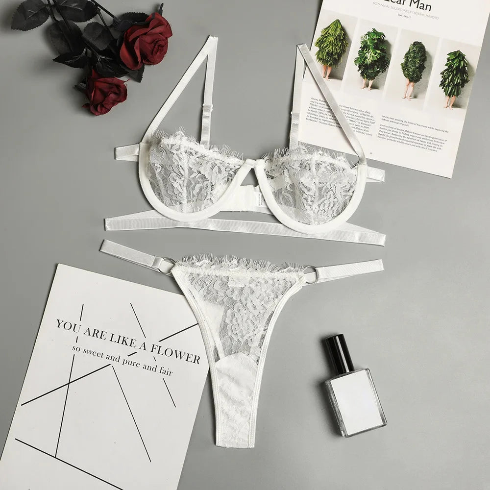 Embroidered lace push-up bra and brief set, white lace lingerie set (flat lay)