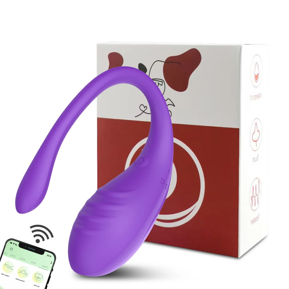 Purple curved wearable vibrator with rounded tip, app-controlled