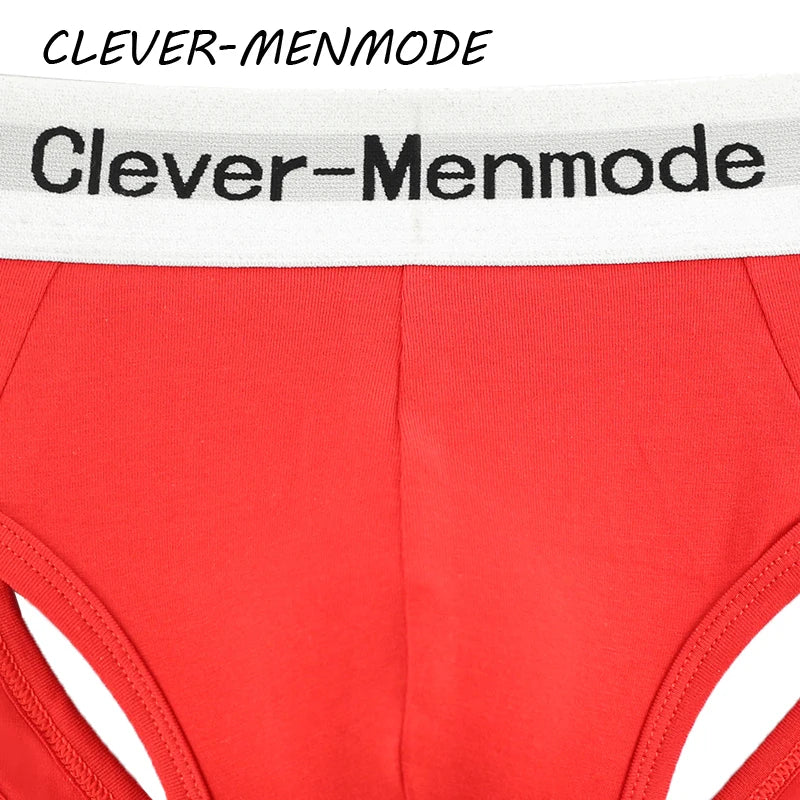 Red open-back cotton brief close-up: white logo waistband and smooth knit fabric