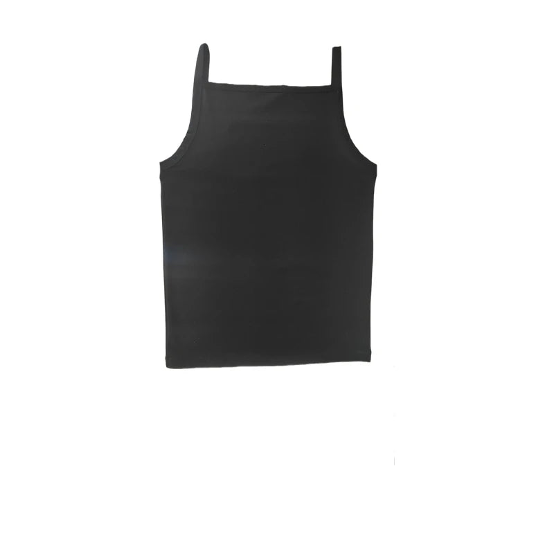 Black sleeveless cotton tank vest with spaghetti straps and square neckline