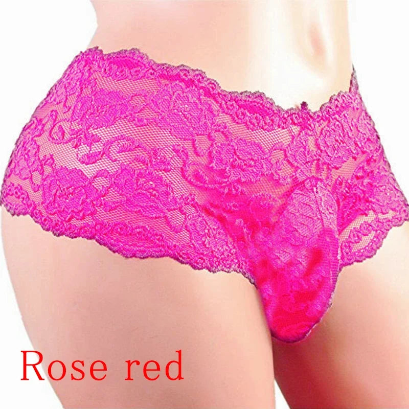 Rose-red lace sissy jockstrap brief with scalloped trim and lace floral design