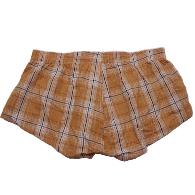 Plaid cotton boxer brief, tan/orange plaid with blue and white stripes, button-front