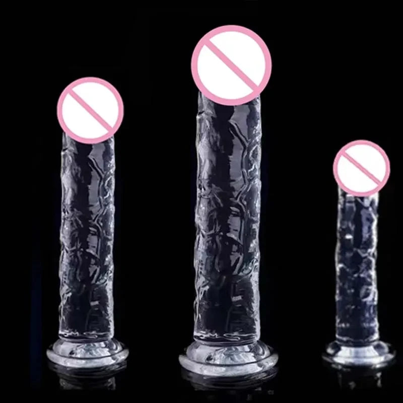 Realistic jelly dildo with suction cup, three lengths standing side by side