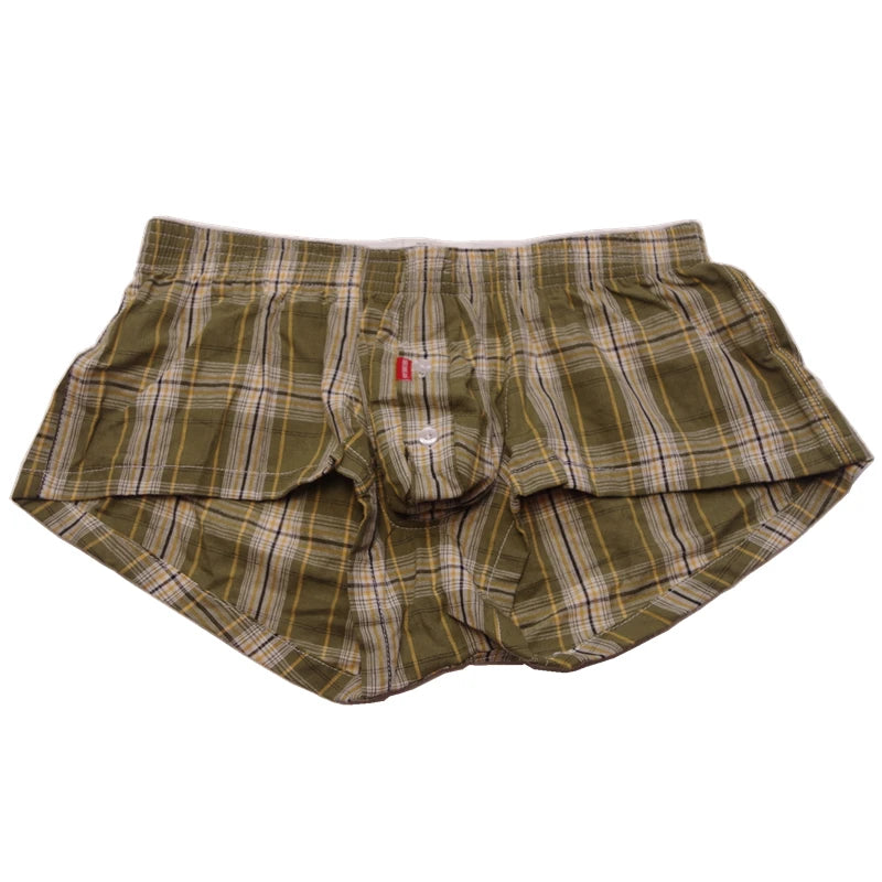 Olive plaid cotton boxer briefs with elastic waistband and fly front, 1-piece