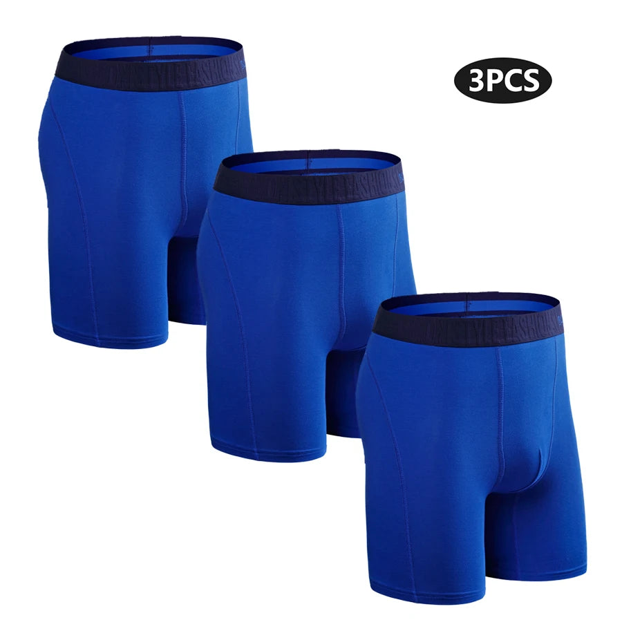 3-pack men's cotton long boxer briefs in bright blue with elastic logo waistband.