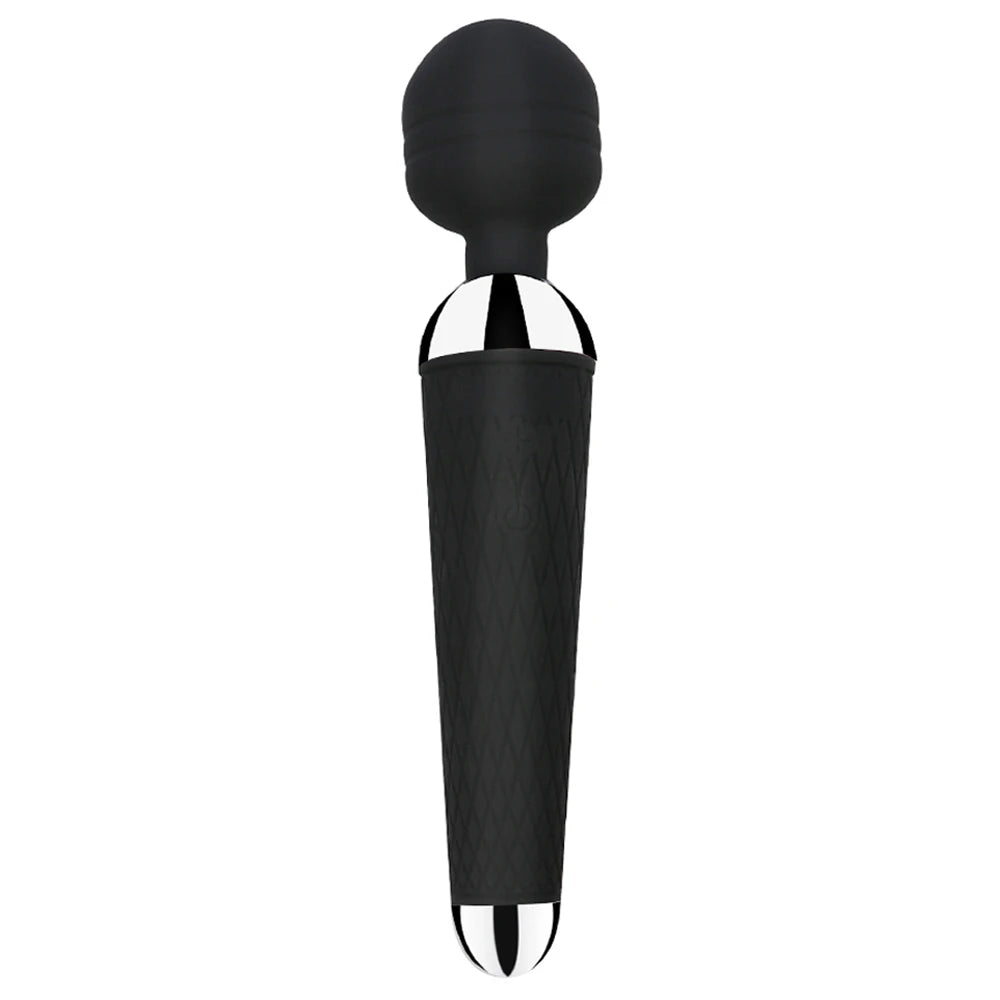 Rechargeable magic wand vibrator, black body with rounded head and textured handle