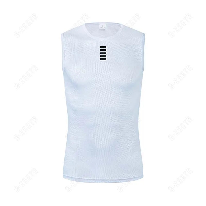 White reflective cycling base layer vest, sleeveless front with vertical stripe graphic
