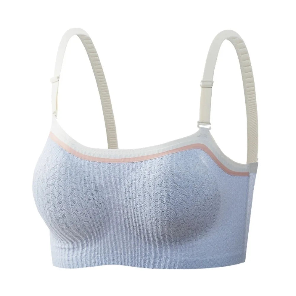 Blue seamless wireless bra with adjustable shoulder straps and smooth molded cups