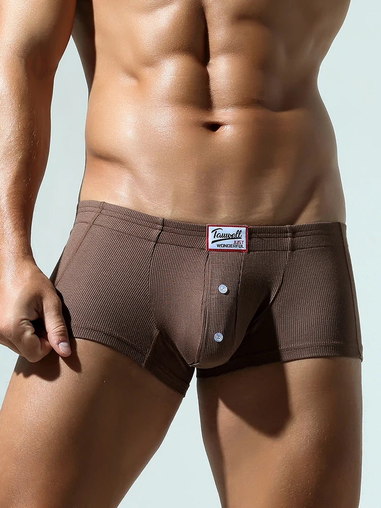 Coffee-brown slim-fit brief with front button detail and ribbed waistband