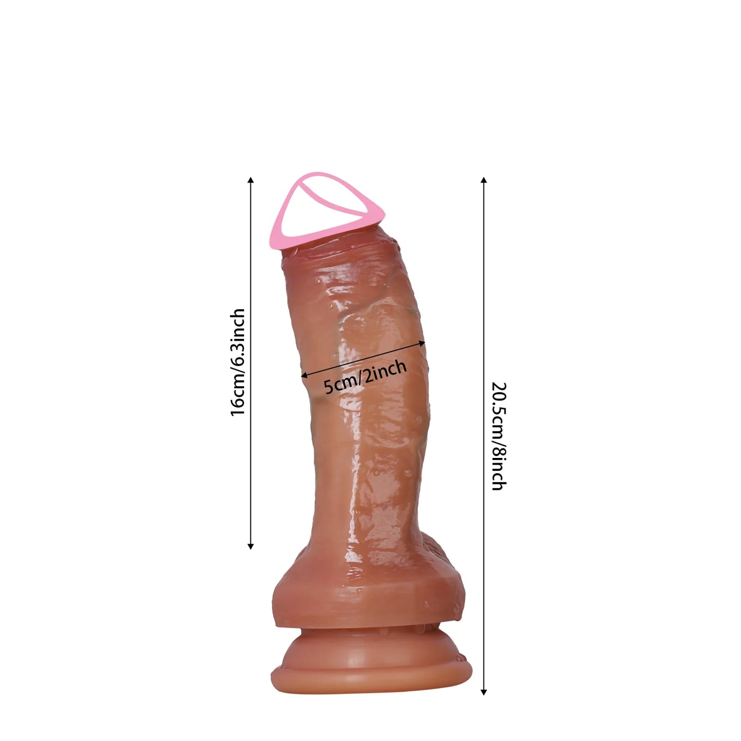 Realistic medium-brown dildo with flared base; size marked 20.5cm/8.1in