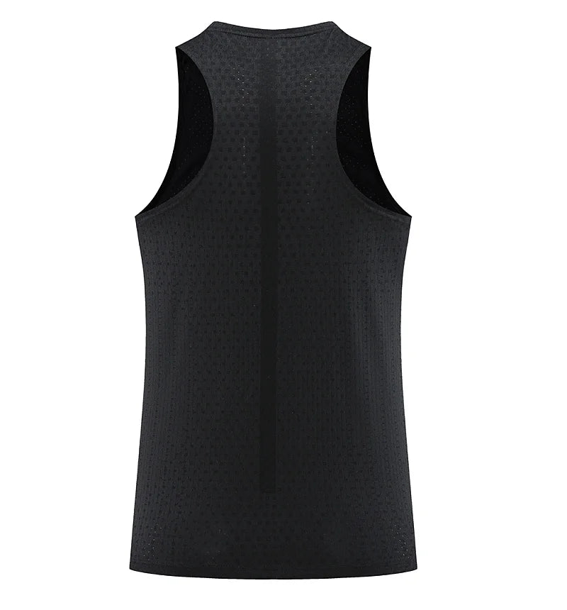 Black mesh gym vest tank back view with center seam and sleeveless racer cut