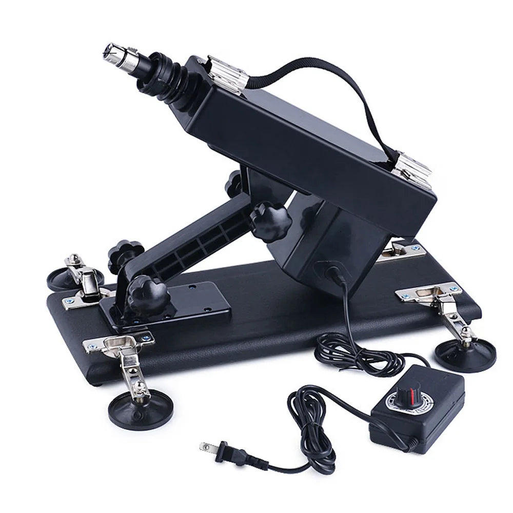 Black automatic thrusting sex machine with suction feet and control unit, mounted on base