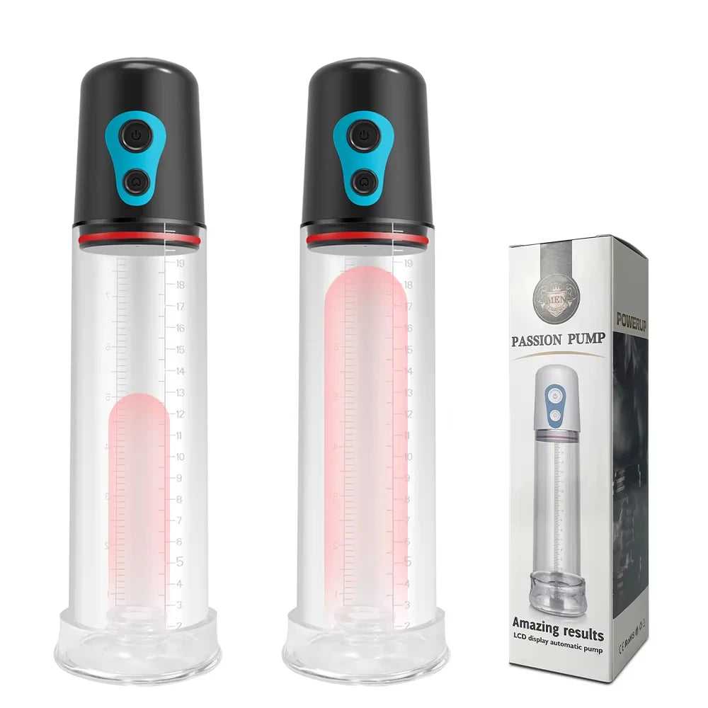 Electric pump device with black top, blue buttons, clear measurement cylinder