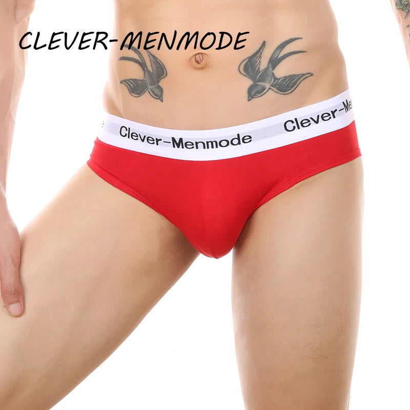 Red open-back cotton brief with white logo waistband, close front view