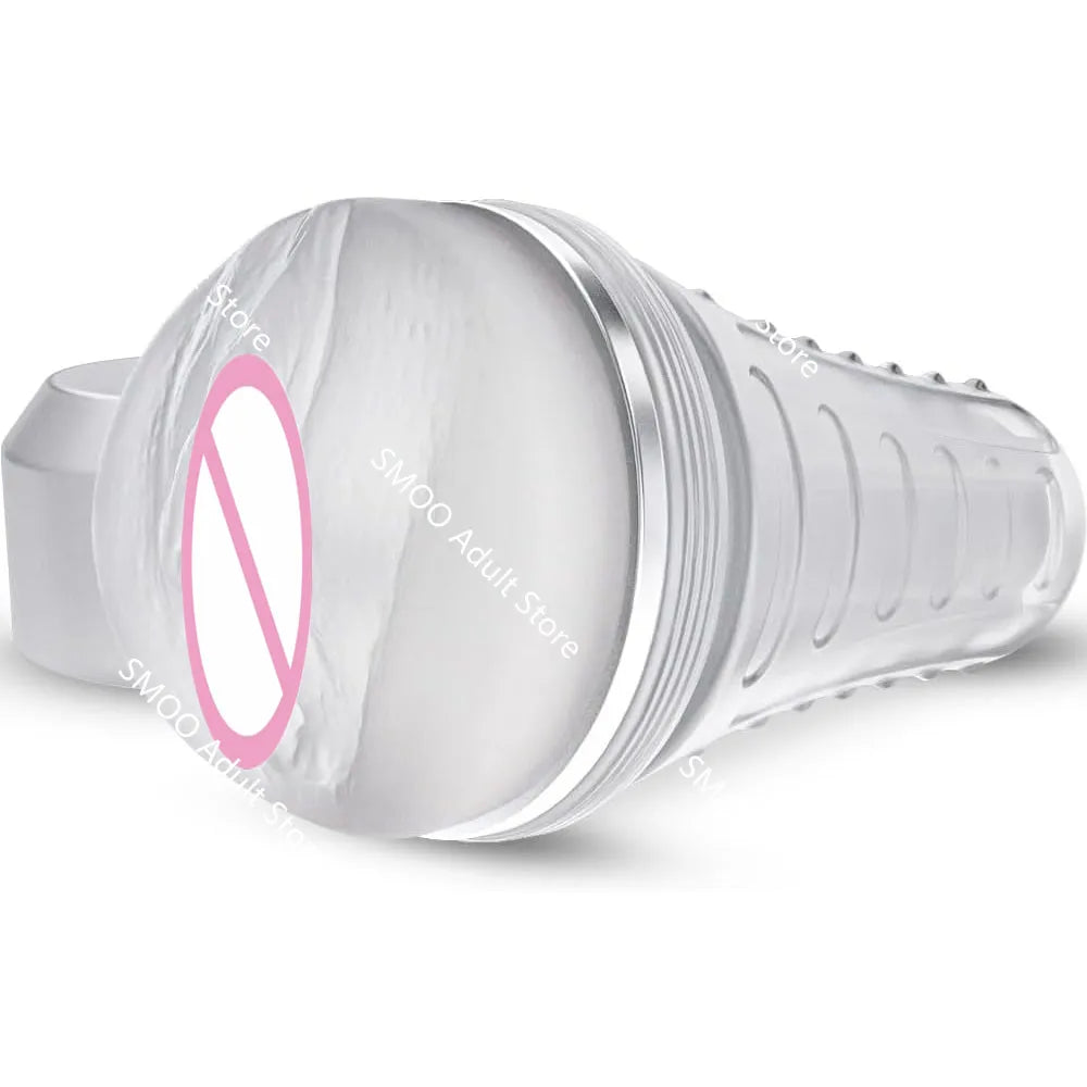 Realistic stroker cup, transparent design with flared cup front and grip base