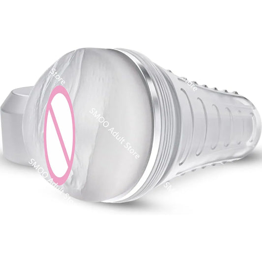 Realistic stroker cup, transparent design with flared cup front and grip base