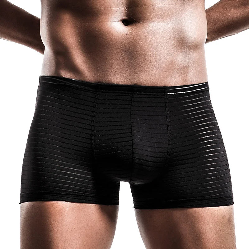 Black mesh boxer brief with vertical stripes, front view