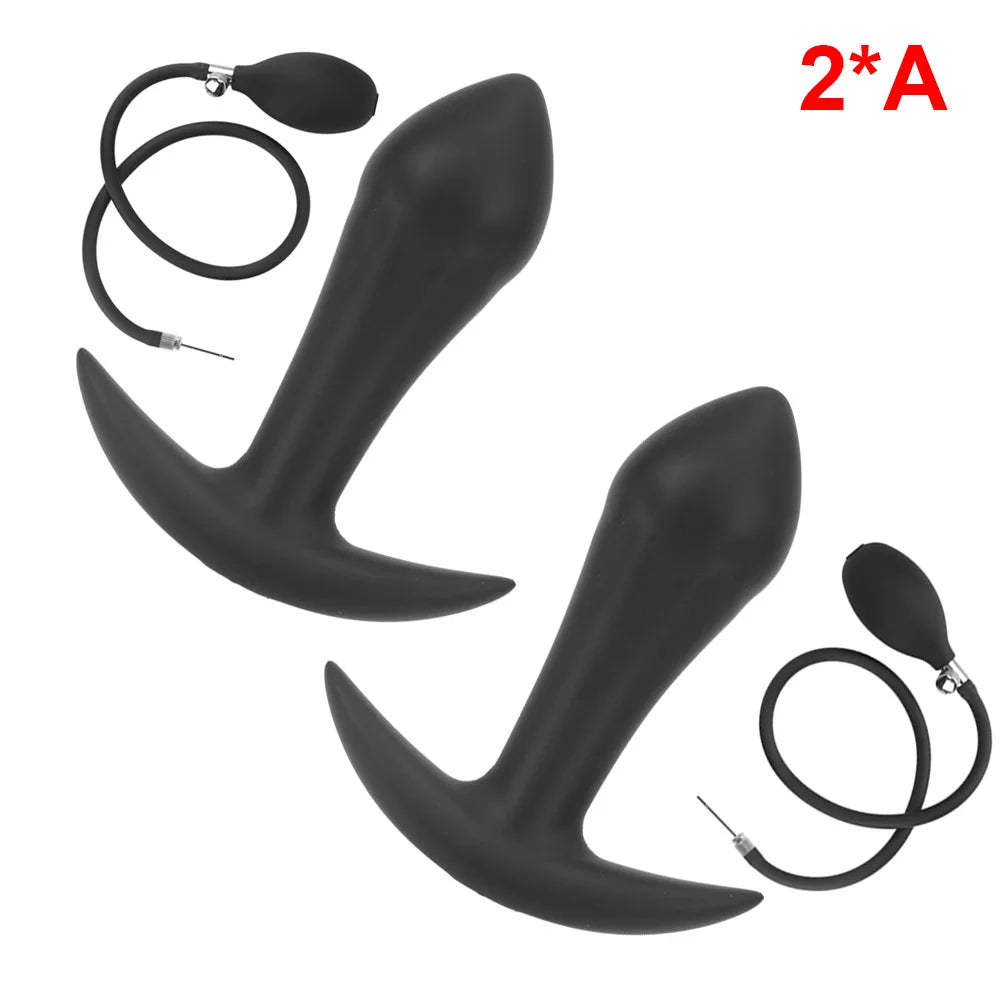 Inflatable anal plug set, dark black curved plugs with air hose ring, 2A