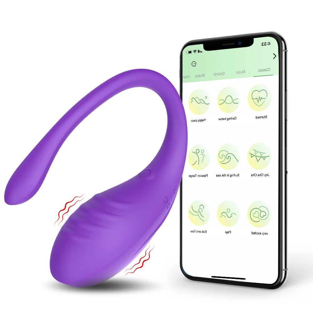 Purple U-shaped wearable G-spot vibrator with curved tip and app-control phone display