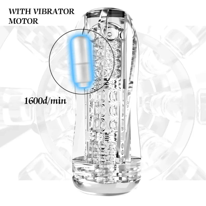 Clear vibrating stroker cup with internal ridges and visible vibrating motor core