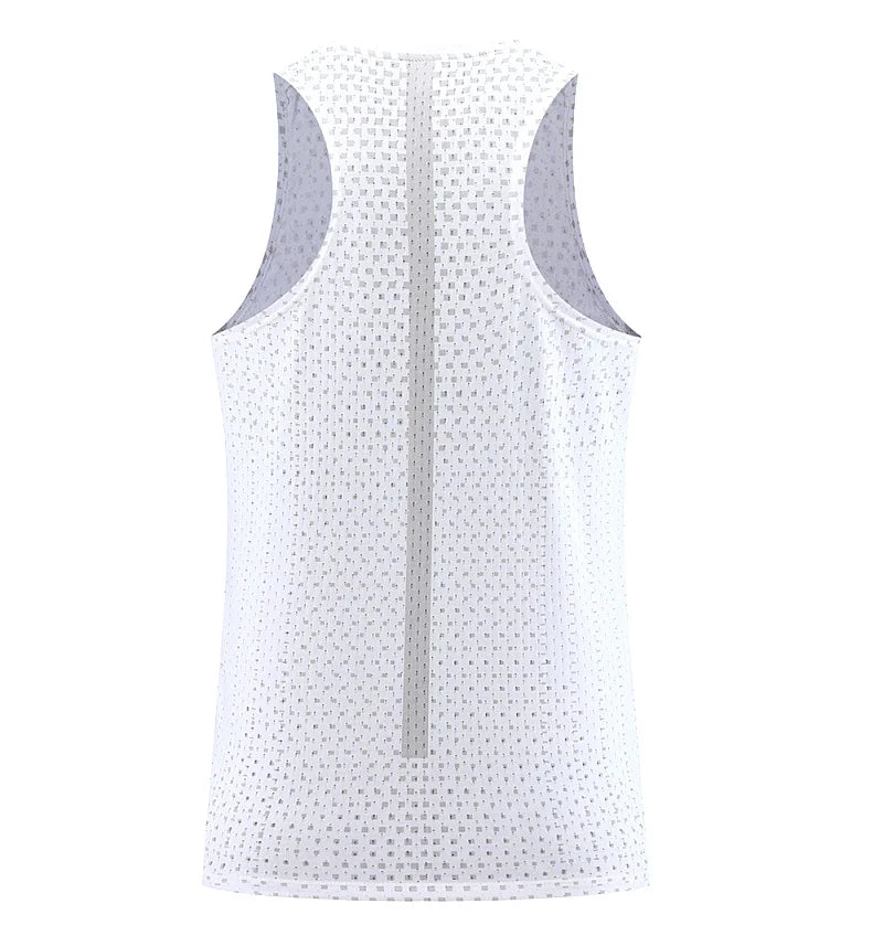 Men's breathable mesh gym vest tank, white, back view with vertical center seam