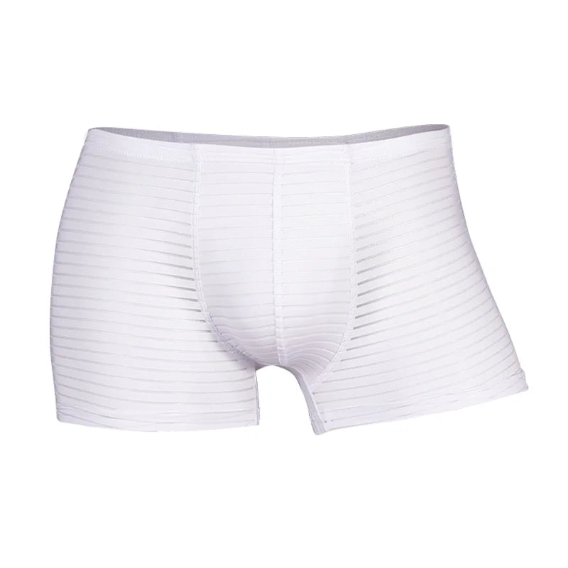 White mesh boxer brief, flat lay front with vertical stripe texture