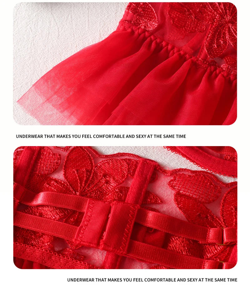 Red sheer mesh lingerie skirt panel with embroidered details and elastic waist