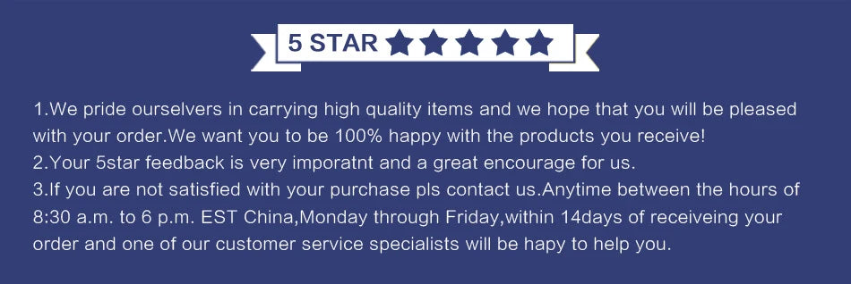 5 STAR rating and customer service information text on a blue background