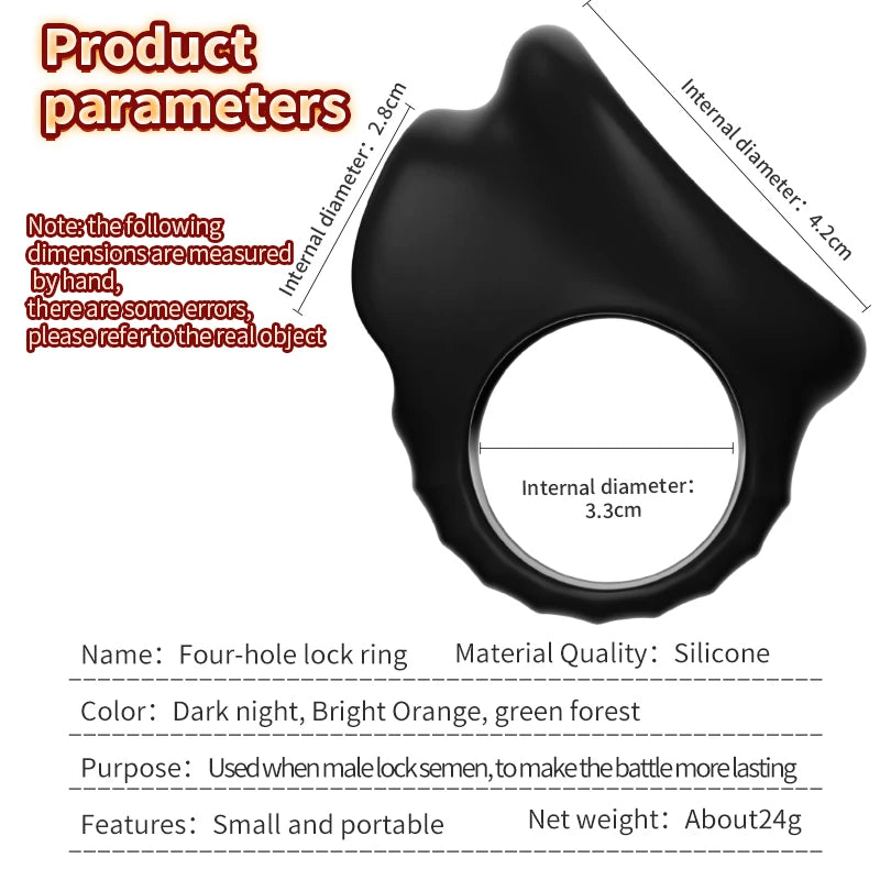 Black silicone delay cock ring, four-hole design with visible inner diameter