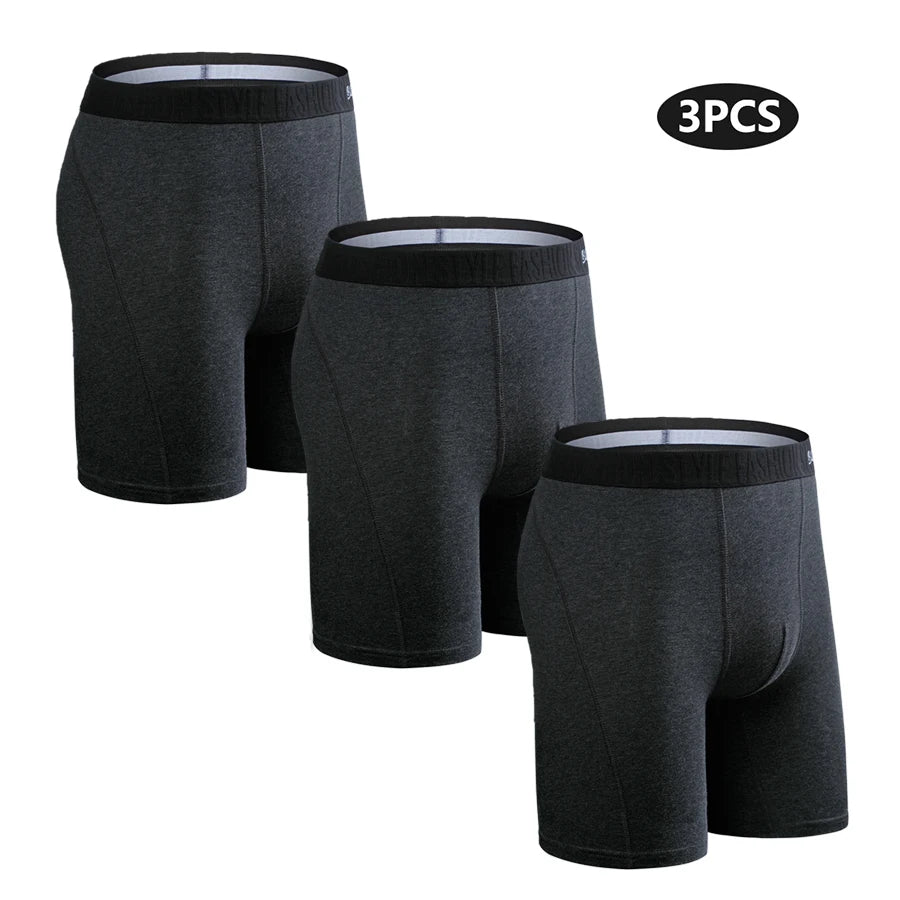 3-pack men's cotton long boxer briefs in dark gray tones with logo elastic waistband.