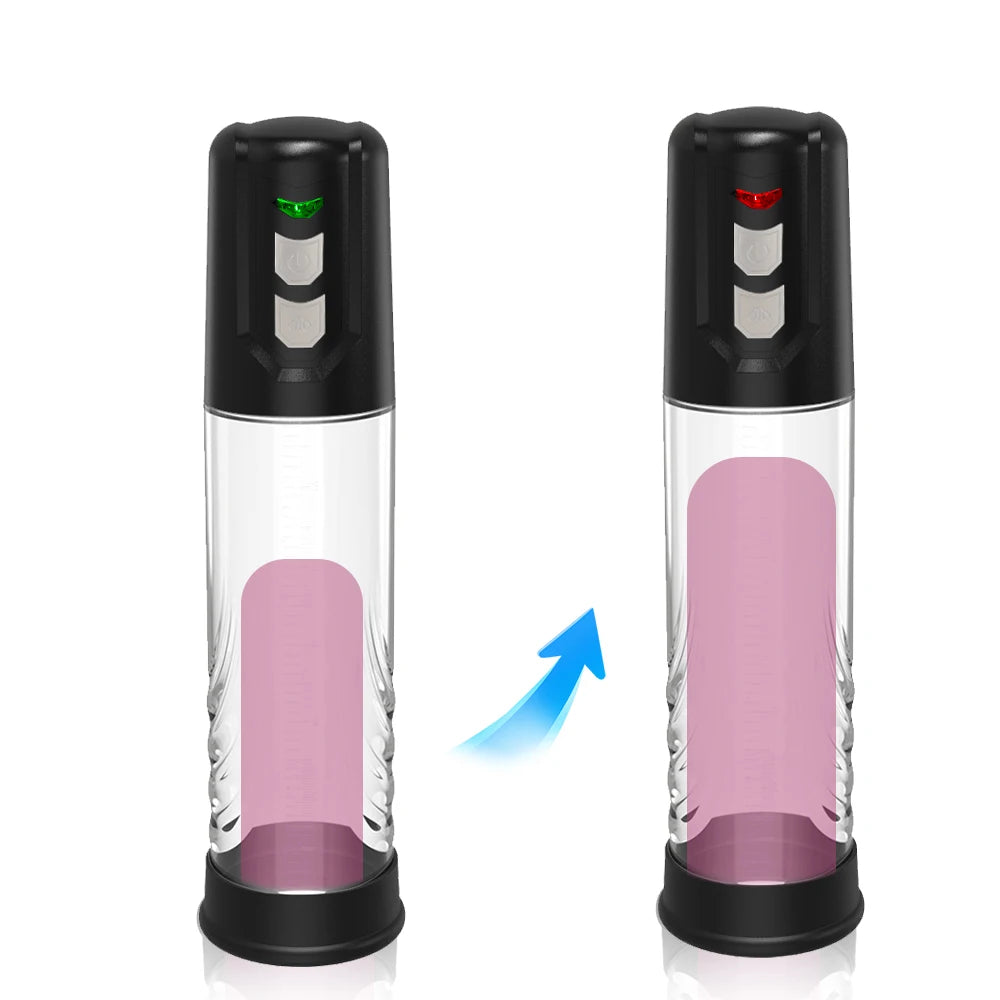Black electric penis pump with clear chamber and pink insert, colored indicator lights