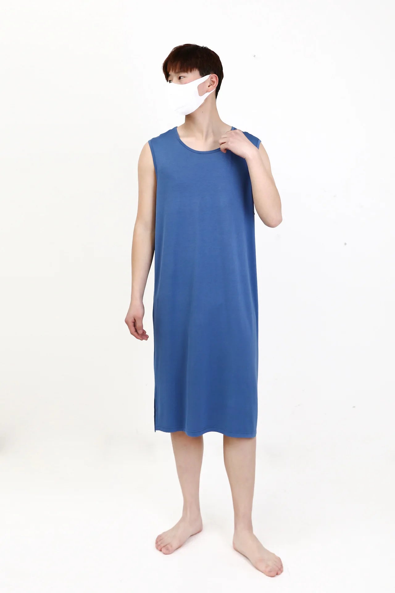 Blue sleeveless sleepwear vest dress, front view with crew neck